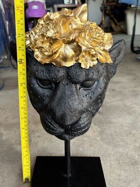 Black Panther Head Sculpture with Gold Floral Crown